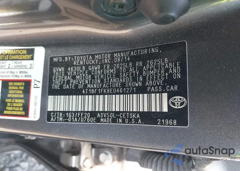 2014 Toyota Camry Se z USA, uszkodzony, nr VIN 4T1BF1FK8EU461271